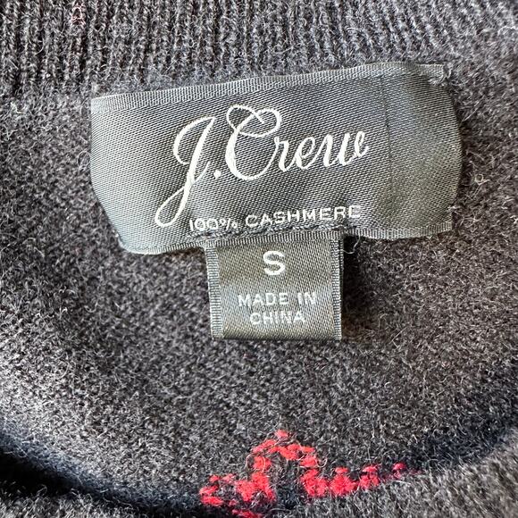 J. Crew 100% Cashmere Cherry Print Sweater Small Black Red Holiday Winter EUC - Picture 4 of 7